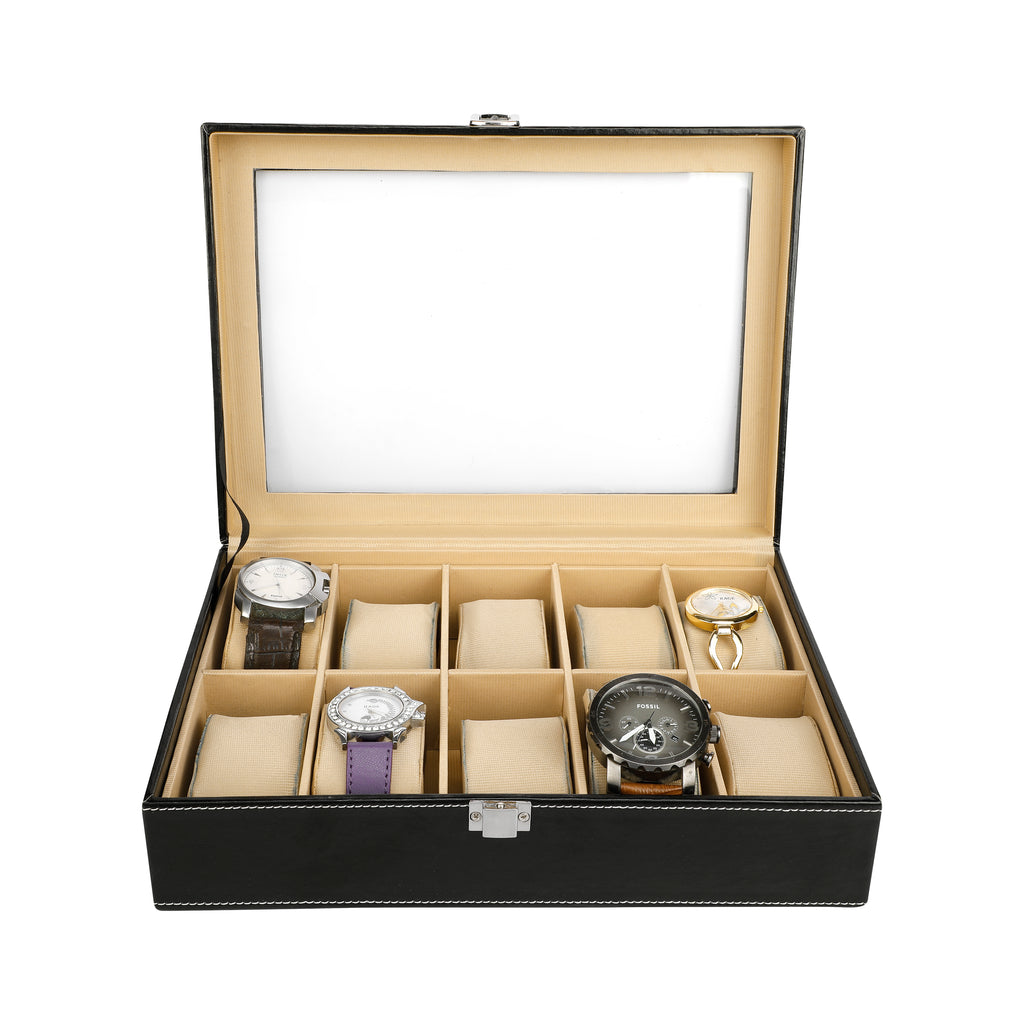 Anything & Everything Watch Box | Watch Case | Watch Holder | Watch Organizer - Holds 10 Watches (BLACK) - Transparent Top