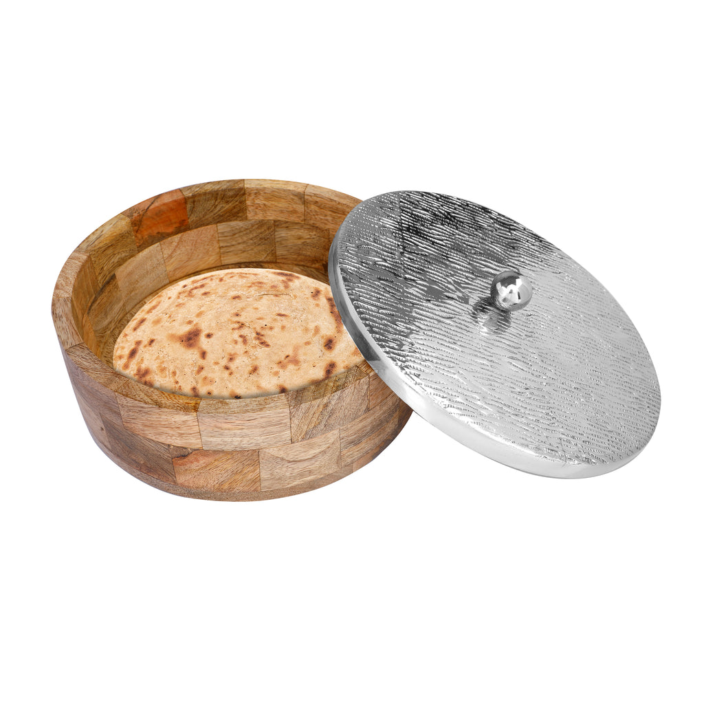 Anything & Everything Wooden Roti Chapati Box Container for Kitchen, Roti Storage & Server Basket Dabba with Aluminium Lid – Silver