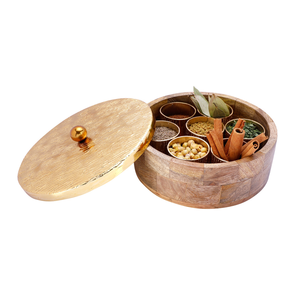 Anything & Everything Wooden Spice Box & Containers, Round Powder Container Set with Aluminium lid for Storage Tabletop - Gold Finish (7 Jars)
