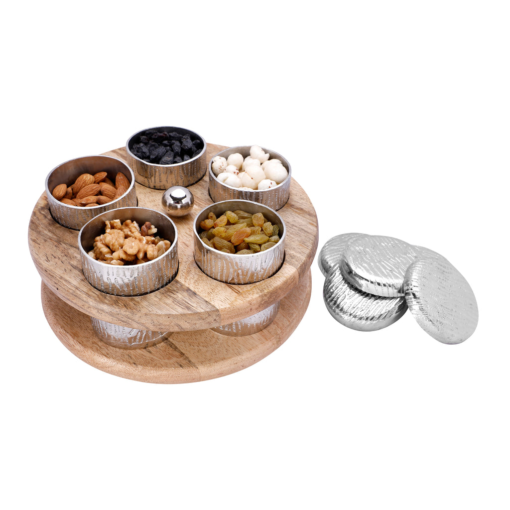 Anything & Everything Wooden Spice Box & Containers, Round Powder Container Set with Aluminium lid for Storage Tabletop - Silver Finish (5 Jars)