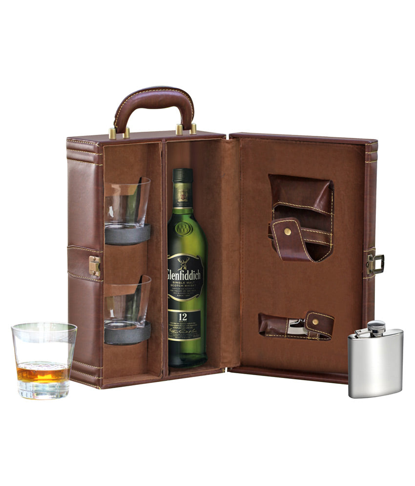 Anything & Everything Whisky Case | Wine Case | Portable Bar Set - Brown (Holds 01 Bottle & 02 Whisky Glasses)