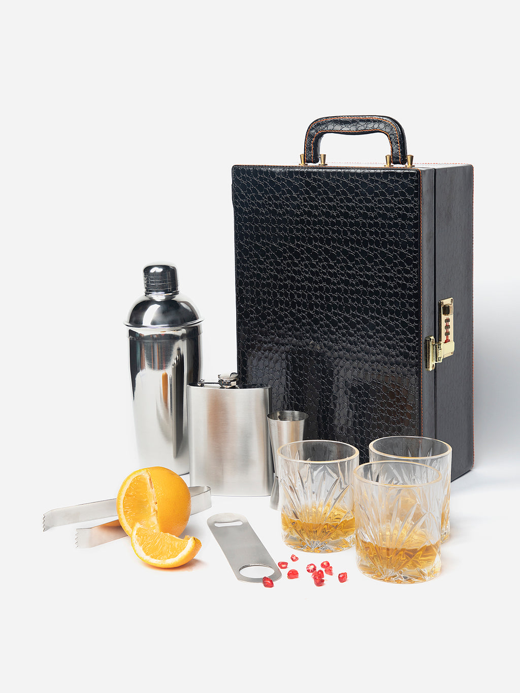 Anything & Everything Croc Print 3 Whisky Glasses Bar Set | Premium Bar Set with Bar Accessories for Home, Travel & Outdoors (Black)