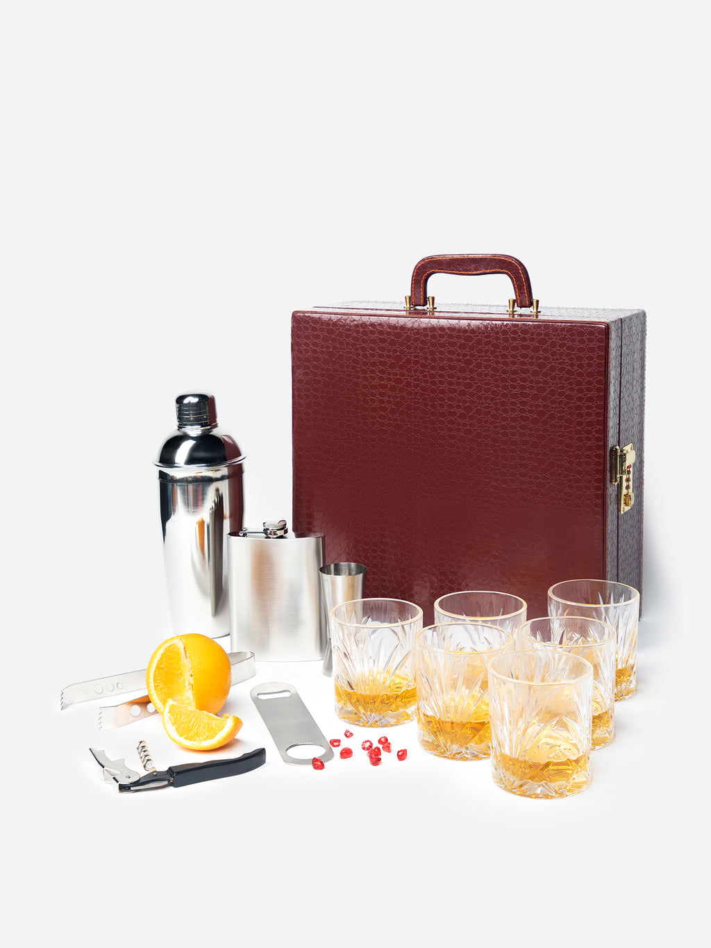 Anything & Everything Croc Print Premium Bar Set with 6 Whiskey Glasses & Accessories | Portable Leatherette Bar Set (Red Wine)