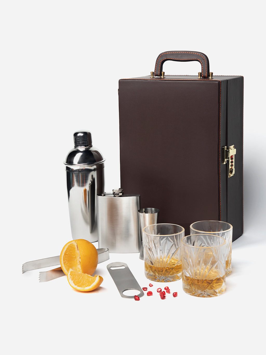 Anything & Everything Bar Set | Portable Leatherette Bar Set with Accessories - Holds 3 Whisky Glasses | Bar Box | Whisky Case | Wine Box (Brown)